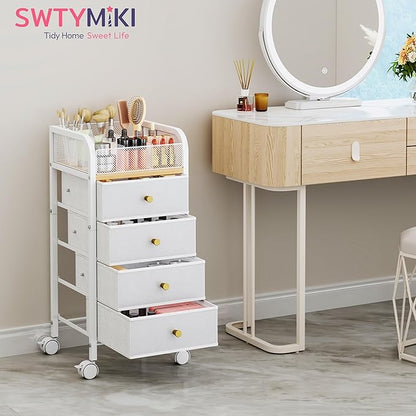 SWTYMIKI Rolling Makeup Organizer Cart - Under Desk Vanity Makeup Storage with 4 Non-woven Drawers, Nail Cart Organizer Cosmetic Display Cases Cabinet for Skin Care Perfume Nail Polish Brush Hair Tool
