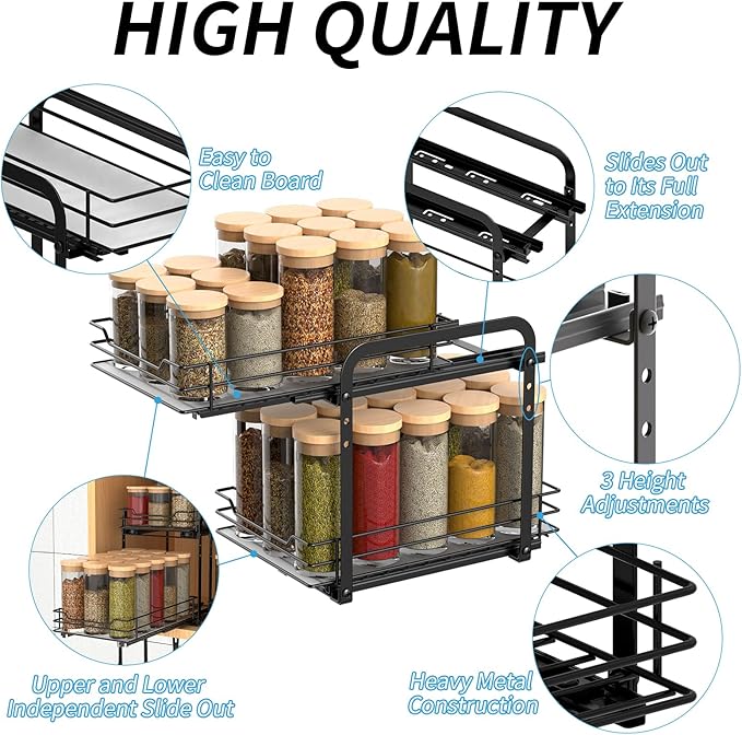 BOIVSHI Spice Rack, Pull Out Spice Racks Organizer for Cabinet, Height Adjustable Heavy Duty Metal Basket for Inside Cabinets & Pantry Closet (2 Tier,7.5''Wx10.5''Dx9.5''H)