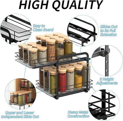 BOIVSHI Spice Rack, Pull Out Spice Racks Organizer for Cabinet, Height Adjustable Heavy Duty Metal Basket for Inside Cabinets & Pantry Closet (2 Tier,7.5''Wx10.5''Dx9.5''H)