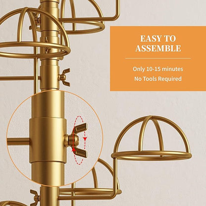 Freestanding Hats Rack Stand with 25 Customizable Circular Hooks Metal Hat Rack Hats Tree Organizer Rack Display Standing Floor Hat Stand for Home Store Commercial, Gold