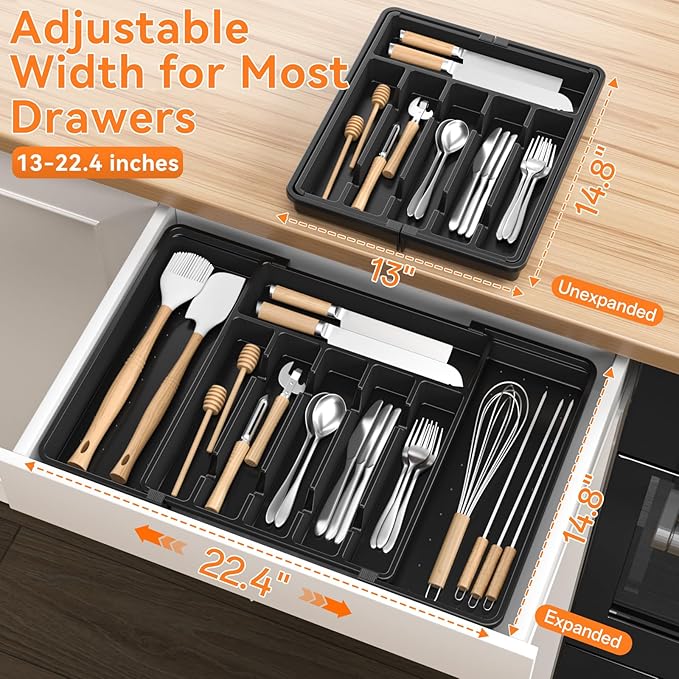 RoomHacks Large Silverware Organizer,Expandable Utensil Drawer Organizer,BPA Free Utensil Holder,Adjustable Silverware Tray Cutlery Drawer Organizer for Kitchen Flatware,Large,Black (6-8 Slots)