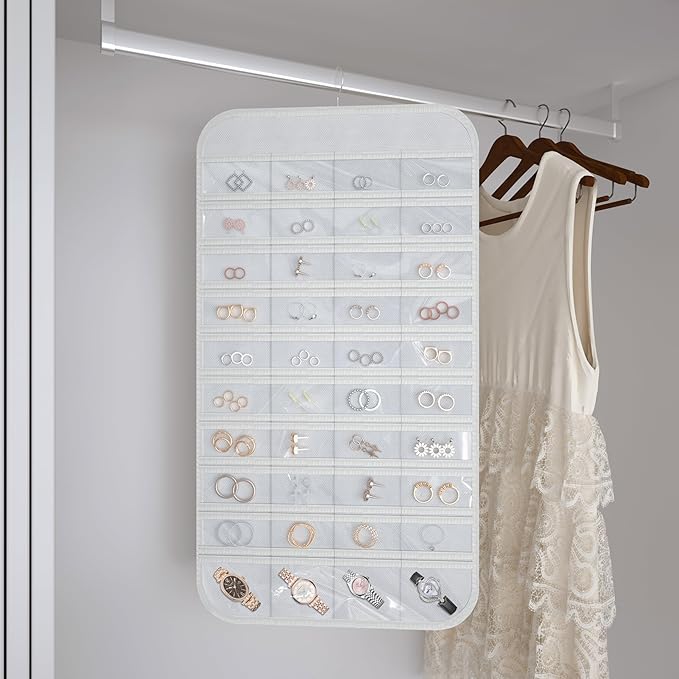 Hanging Jewelry Organizer Storage, 40 Pockets 36 Hooks Necklace Earring Necklace Bracelet Ring Organizer, Double - Sided Design, White