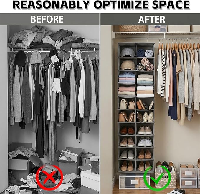 Hanging Shoe Organizer for Closet, 20 Sections Hanging Closet Organizer and Storage Shelves, Space Saving Shoe Rack for Closet, Grey, 12''W×12''Dx 50''H