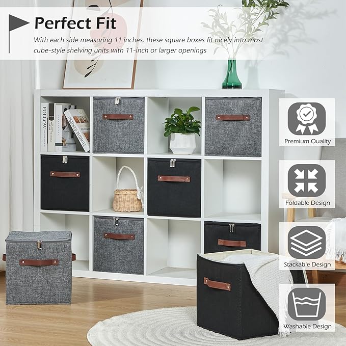 2PCS Storage Cubes with Lid Fabric Storage Bins Boxes PU Leather Handles Cotton Linen Closet Organizer Container Decorative Foldable Washable Shelf Cloth Basket (Zipper Lid, Black, 11in)