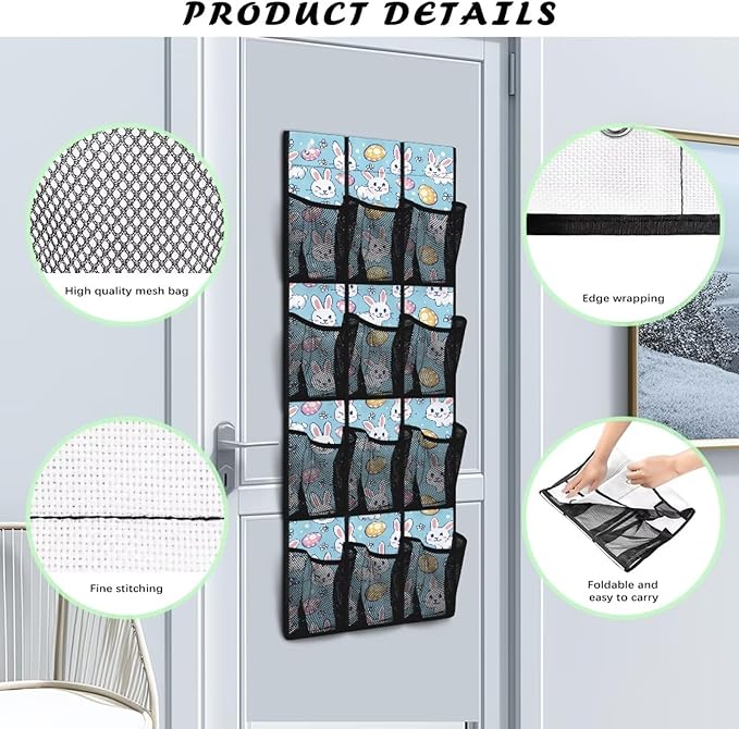 12-Pocket Over The Door Hanging Organizer, Lightweight Oxford Cloth Waterproof Foldable and Perfect for Bathroom Bedroom or Closet Storage Solutions, Easter Rabbit Eggs Pattern
