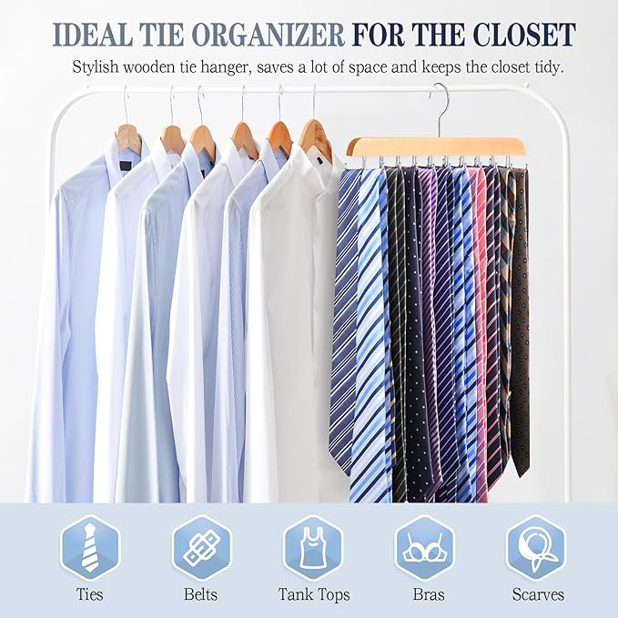 2 Pack Tie Rack Belt Hanger for Closet Fitnice Upgraded Non Slip Tie Hanger Space Saving with 20 Foldable Hooks Wooden Belt Tie Organizer for Tank Tops Bras Cami Scarves