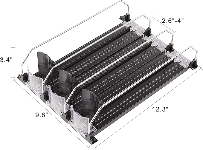 Soda Can Dispenser for Refrigerator with Adjustable Pusher Glide - Perfect for Soda, Beer, and Other Beverages (3 Rows, 12"D)