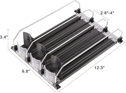Soda Can Dispenser for Refrigerator with Adjustable Pusher Glide - Perfect for Soda, Beer, and Other Beverages (3 Rows, 12"D)