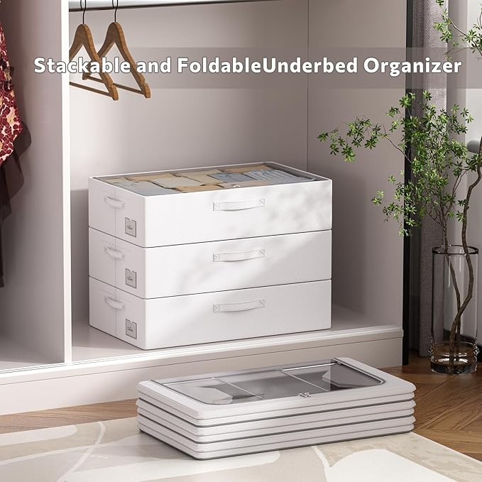 CYhom 3Pcs Under Bed Storage Bins with Metal Frame - Shoe Organizer for Closet with Clear Cover Oxford Fabric Sturdy Underbed Container Foldable Stackable Clothes Organizer (Grey, 23.5x15.7x6.3)