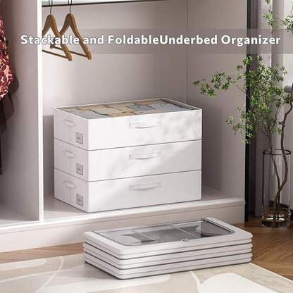 CYhom 3Pcs Under Bed Storage Bins with Metal Frame - Shoe Organizer for Closet with Clear Cover Oxford Fabric Sturdy Underbed Container Foldable Stackable Clothes Organizer (Grey, 23.5x15.7x6.3)
