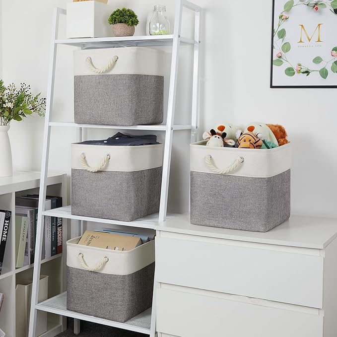 Temary Fabric Baskets 12 Inch Storage Cubes Basket with Handle, Clothes Baskets for Gift, Large Bins for Organizing Books, Blankets (White&Gray)