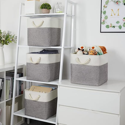 Temary Fabric Baskets 12 Inch Storage Cubes Basket with Handle, Clothes Baskets for Gift, Large Bins for Organizing Books, Blankets (White&Gray)