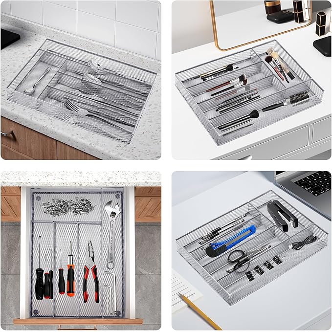 Neudeco Silverware Drawer Organizer - 5 Compartment Cutlery Tray with Non-Slip Feet, Mesh Wire Flatware Storage Divider for Kitchen, Bedroom, Living Room (Silver)