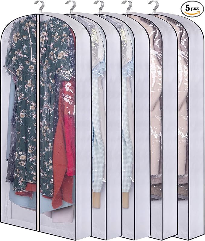 SLEEPING LAMB 60" Long Hanging Garment Bags for Closet Storage Gusseted Clear Dress Bag for Clothes, Gowns, Coats, Suits, 5 Packs