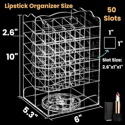 Tlence 54 Slots Acrylic Rotating Lipstick Organizer, 7 Tier Spinning Lipgloss Tower Holder, Clear Cosmetic Display Case, Rotable Lip Stick Display Rack Stand for Lip Gloss, Makeup Accessory, Lip Balm