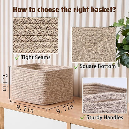 MiniArk Small Organizing Baskets for Cubes Shelf, 9.7x9.7x7.1 Inch Rope Woven Storage Bins for Nursery Shelves Storage, Cute Toy Basket, Square 3 Packs Mixed Brown