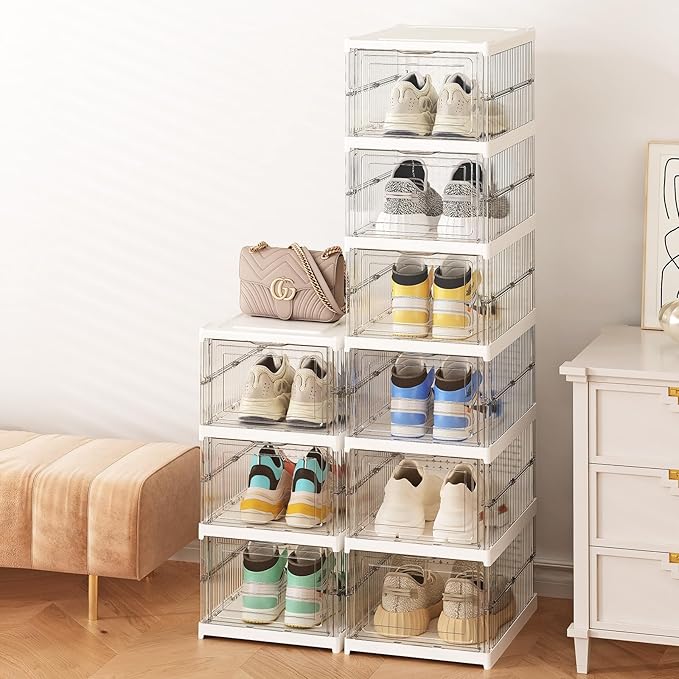 GUDEMAY Drop Front Shoe Storage Box, No Assembly Stackable Shoe Organizer Storage Bin with Door, Free Standing Shoe Shelf Cabinet with Lid, Plastic Shoe Rack for Closet Entryway