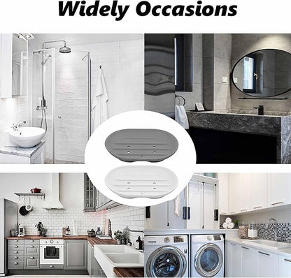 Silicone Soap Dish, 2-Pack, Anti-Slip Drainage Holder, Gray and White, 4.4 x 3.1 inches