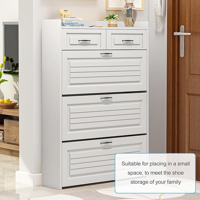 Vibe & Dine Narrow Shoe Organizer Cabinet with 3 Large Flip Drawers & 2 Storage Drawers - Slim Shoe Storage for Entryway, Hallway, Bedroom