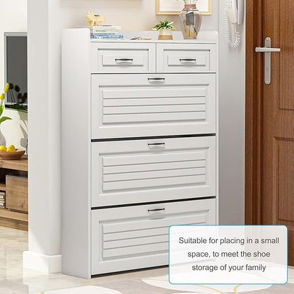 Vibe & Dine Narrow Shoe Organizer Cabinet with 3 Large Flip Drawers & 2 Storage Drawers - Slim Shoe Storage for Entryway, Hallway, Bedroom