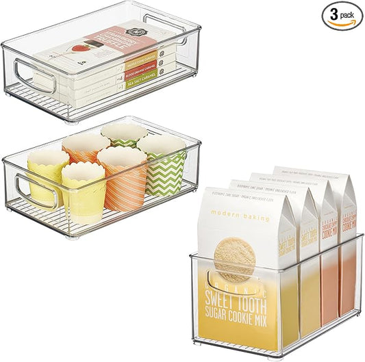 iDesign Stackable Pantry Bins with Handles, 2 Small Bins and 1 Medium Bin, 3 Pack, Clear, Made in USA