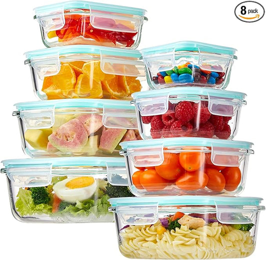YUNCANG 8 Pack Glass Food Storage Containers with Lids, 5oz to 35oz Meal Prep Containers, Airtight Bento Boxes with Leak Proof Locking for Microwave, Oven, Freezer and Dishwasher, BPA Free