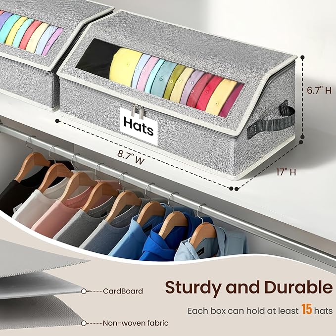 Hat Organizer for Baseball Caps, 2-Pack Stackable Hat Storage Box Holds 30 Caps, Foldable Cardboard Holder with Clear Dust-Proof Window for Closet, Grey