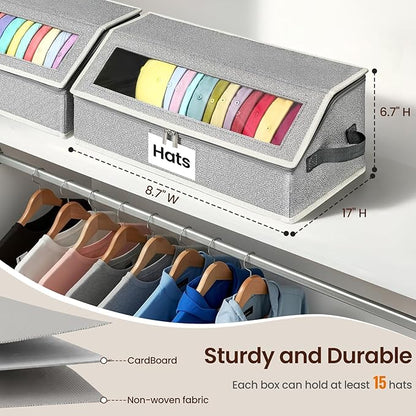 Hat Organizer for Baseball Caps, 2-Pack Stackable Hat Storage Box Holds 30 Caps, Foldable Cardboard Holder with Clear Dust-Proof Window for Closet, Grey