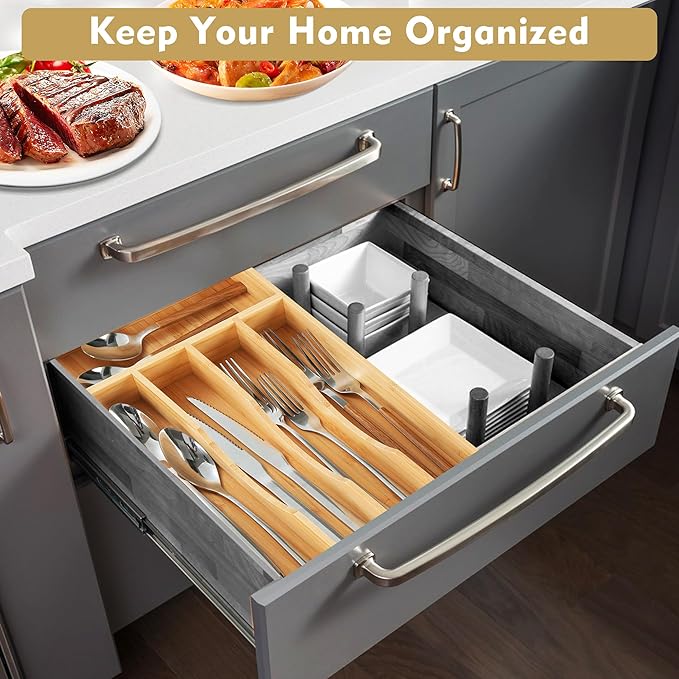 Upassion Bamboo Kitchen Drawer Organizer, 8.25 Inch Utensil Organizer Silverware Utensil Holder for Samll Drawer, Silverware Organizer for Cutlery Knives, Natural
