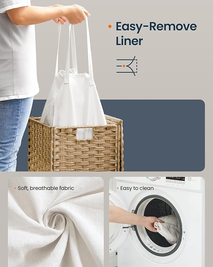 SONGMICS HOME Laundry Hamper with Lid, Clothes Basket with Removable Liner and Handles, 17.2 Gallon, Foldable Narrow Laundry Organizer for Bathroom, Bedroom, Light Brown
