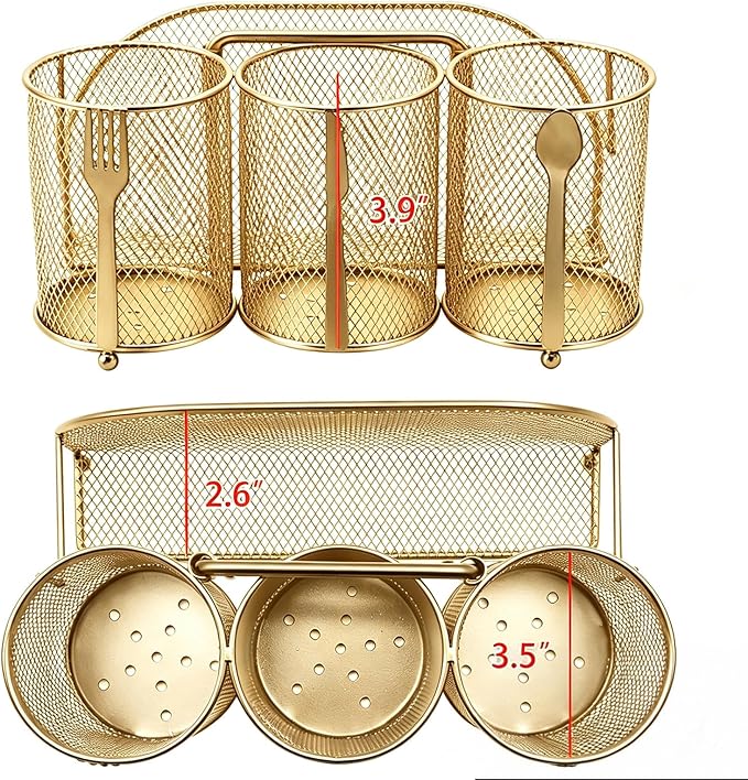 Silverware Organizer Utensil Caddy - 4 Compartment Metal Cutlery Holder Flatware Storage Basket Fork Spoon Napkin Paper Plate Kitchen Countertop Party Picnic Camping Buffet Outdoor (Gold)