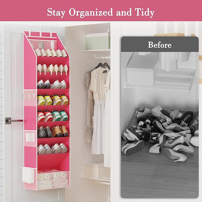 Criusia Shoe Storage, Over the Door Shoe Organizer, Hanging Closet Shoe Storage with Large Deep Pockets, Fits 16–24 Pairs of Sneakers, Sandals, Boots, Pink