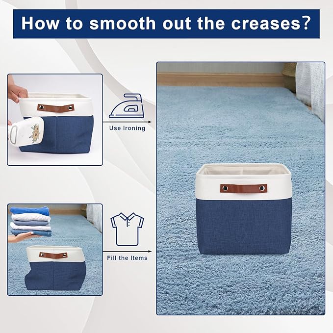 Bagnizer Storage Bins Large Fabric Storage Baskets for Shelves 3 Pack, Decorative Linen Closet Baskets with Handles for Organizing, Shelf, Clothes, Home, Office, 15x11x9.5Inches (NavyBlue&White)