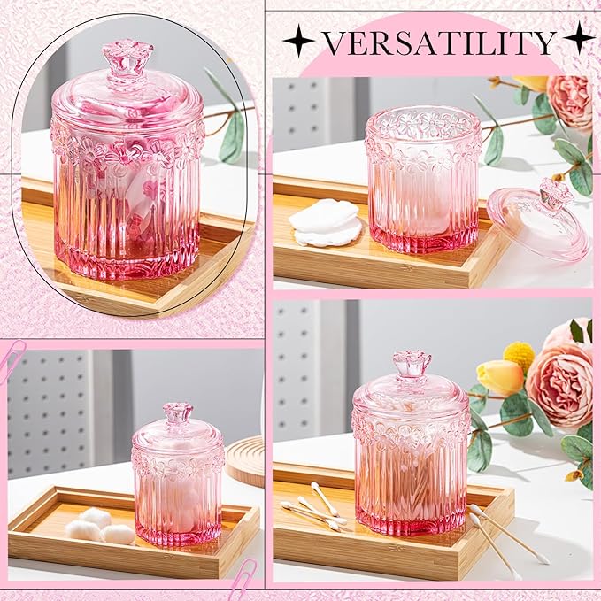 Hushee 4 Pcs Crystal Glass Candy Jar Set with Lids Home Decorative Storage Jars for Apothecary, Bathroom, Kitchen, and Pantry, Ideal for Cotton Swabs and Jewelry(Pink)