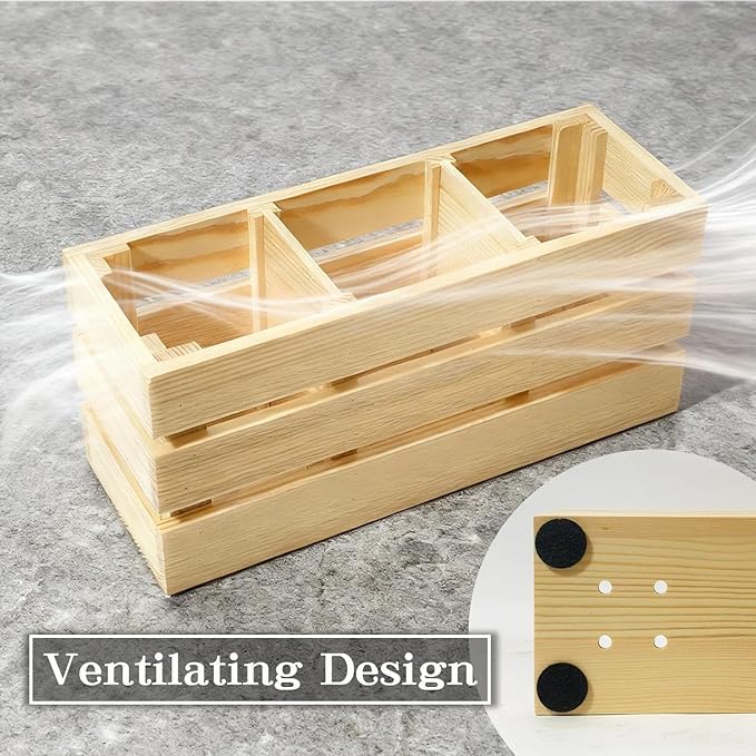 13" Large Wooden Utensil Holder, 3 Compartments Kitchen Countertop Caddy for Cooking Utensils & Silverware, Farmhouse Style Organizer with Handle