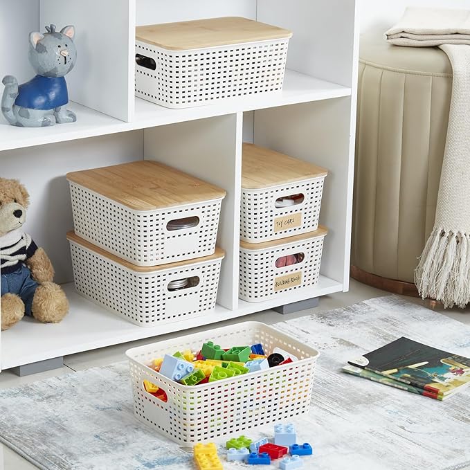 Bagnizer Small Plastic Storage Bins with Bamboo Lids 5.2qt Stackable Box Basket Pantry Decorative Containers Cute with Labels for Organizing Desktop Closet Office Cream White of 6 packs 10*7.2*4.1"
