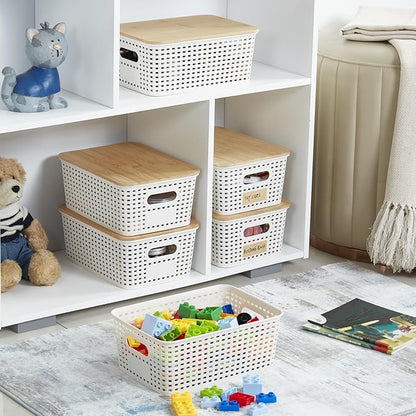 Bagnizer Small Plastic Storage Bins with Bamboo Lids 5.2qt Stackable Box Basket Pantry Decorative Containers Cute with Labels for Organizing Desktop Closet Office Cream White of 6 packs 10*7.2*4.1"