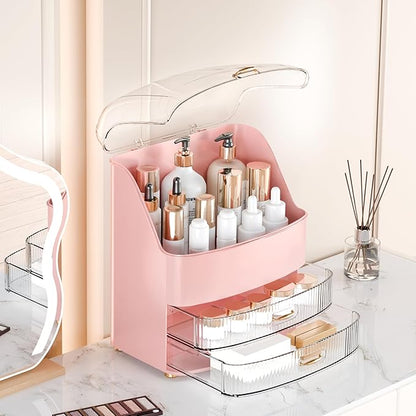 Makeup Organizer Countertop Vanity with Transparent Lid Drawers Waterproof Dustproof Cosmetic Skincare Bathroom Storage Gift for Women Teens Girls (Pink)