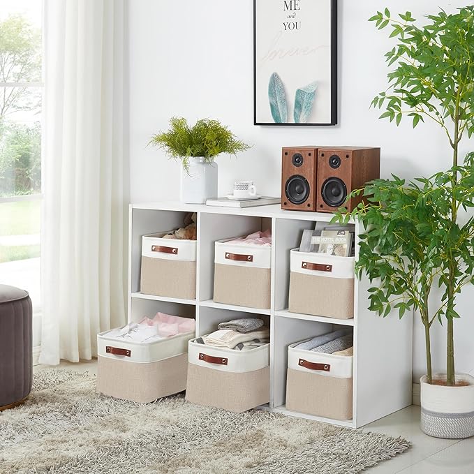 DECOMOMO Storage Bins, Large Fabric Storage Baskets for Shelves, Decorative Linen Closet Organizer, 15 x 11 x 9.5 inches (Beige & White, 1 Pack)