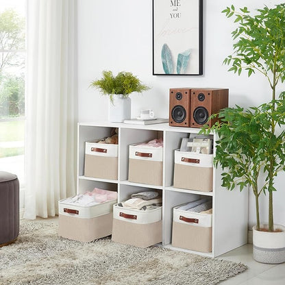 DECOMOMO Storage Bins, Large Fabric Storage Baskets for Shelves, Decorative Linen Closet Organizer, 15 x 11 x 9.5 inches (Beige & White, 1 Pack)