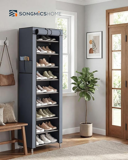 SONGMICS HOME Shoe Rack 10-Tier, Tall Narrow Metal Shoe Organizer with Dust Cover, 11.2 x 19.1 x 63.2 Inches, Vertical Storage Cabinet for Closet Entryway, Gray