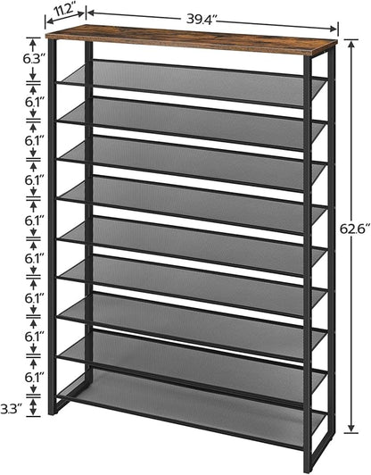 HOOBRO 10-Tier Shoe Rack for Entryway, 39.4" L Shoe Storage Organizer, Large Capacity Shoe Shelf for Closet, Front Door Entrance, Hallway, Holds 45-50 Pairs of Shoes, Rustic Brown BF171XJ01