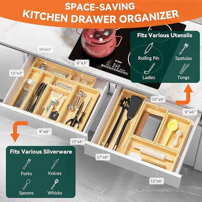 Lixple Bamboo Drawer Organizer for Kitchen Utensils, 2 Pack Stackable Bamboo Kitchen Drawer Organizers, Silverware & Utensil Drawer Trays, 10" x 6" x 2" (Outer), 9.3" x 5.3" x 1.3" (Inner)