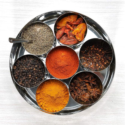 Vinod 7 in 1 Stainless Steel Spice Box with Lid | Indian Masala Dabba | Indian Spice Box | Masala Dani for Kitchen | Includes 7 Small Containers, 1 Spoon & a See Through Lid | 8 Inches Diameter