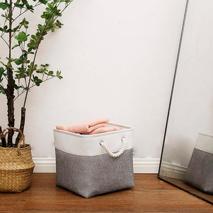 Cube Storage Bins, 6 Pack Collapsible Fabric Storage Cubes, 11 Inch Cube Organizer Bins with Handles (White/Gray)