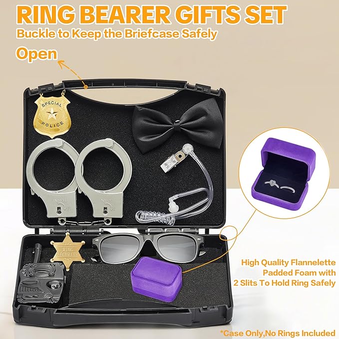 Ring Security Wedding Ring Bearer Aluminum Briefcase-Padded Slits Holder Ring Bearer Gifts Security Box for Proposal Ceremony Wedding Day,Security Badge Props for Boys Kid