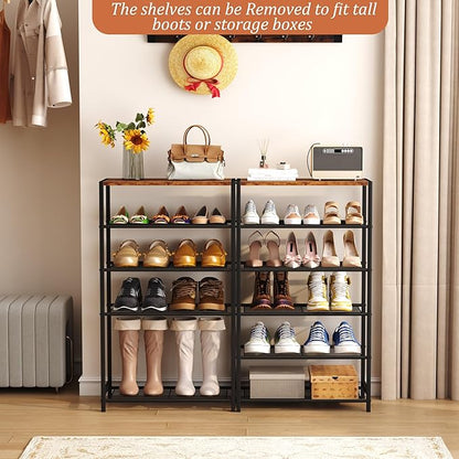 HOMEFORT Shoe Rack 6-Tier, Shoe Storage Shelf, Industrial Shoe Tower, Narrow Shoe Organizer for Closet Entryway, Small Shoe Rack Table with Durable Metal Shelves, Rustic Brown