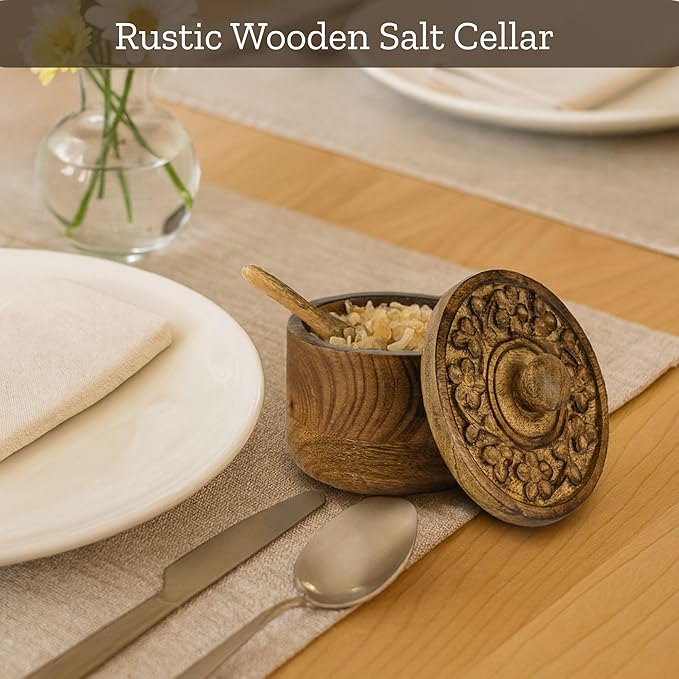 Mie Creations Rustic Salt Box Cellar with Hand Carved Lid & Spoon, Wooden Salt Pinch Bowls | Wood Salt Pepper Keeper, Spice Bowls for Cooking, Sugar Holder for Kitchen, Christmas Thanksgiving Decor