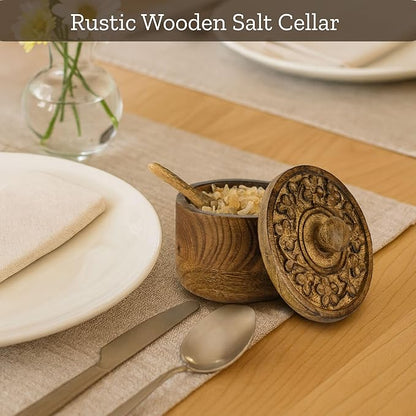 Mie Creations Rustic Salt Box Cellar with Hand Carved Lid & Spoon, Wooden Salt Pinch Bowls | Wood Salt Pepper Keeper, Spice Bowls for Cooking, Sugar Holder for Kitchen, Christmas Thanksgiving Decor