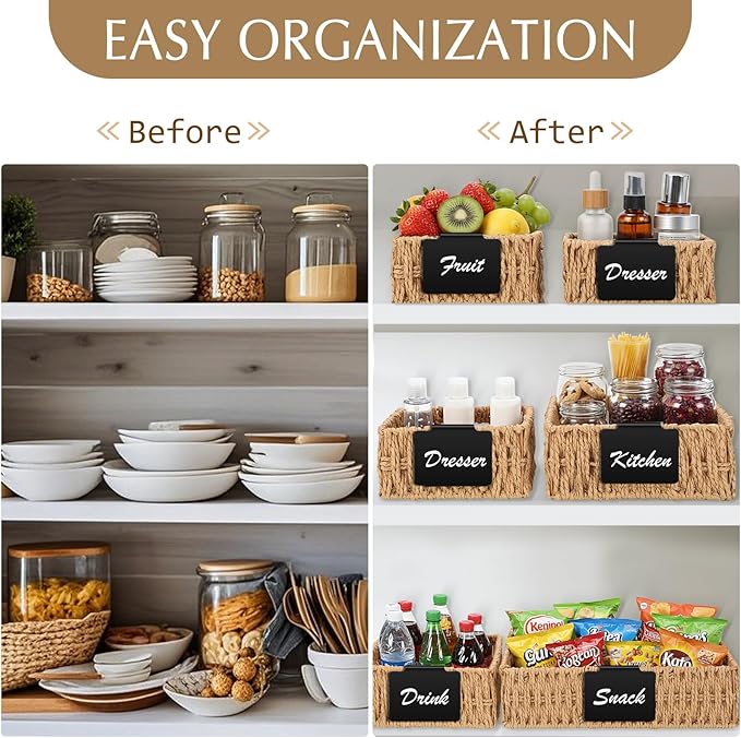 Marsui 9 Pcs Paper Rope Storage Baskets with Handle Labels Handwoven Multi-size Primary Color Storage Bins for Organizing Small Baskets Container for Shelves Closet Pantry Toilet